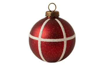 Red bauble with white stripes. Elegance. Holiday shine.