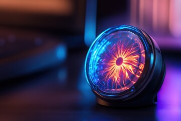 Colorful plasma globe emits vivid electric arcs in a dimly lit environment