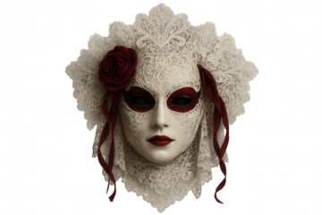 Venetian carnival mask with delicate white lace, deep red rose, and mysterious dark eyes on transparent background