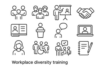 Fototapeta premium Diversity Training Icons. Workplace diversity training. Line icon set of Workplace diversity training: group discussion, multicultural team, presentation