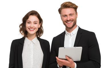two business people smiling and holding a tablet, isolated on a transparent background 