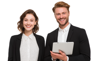 two business people smiling and holding a tablet, isolated on a transparent background 