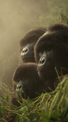 Fototapeta premium Three gorillas, including a juvenile, are resting among lush green foliage, surrounded by misty atmosphere, showcasing their natural habitat and familial bond in the wild