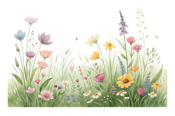 Watercolor Spring Wildflower Meadow Illustration isolated on white background