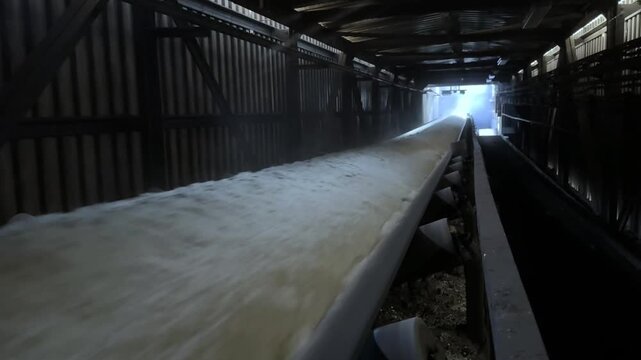 A dynamic, close-up shot captures a heavy industrial conveyor belt transporting a high volume of crushed material, such as cement or limestone, at great speed through a dark factory interior. The stee