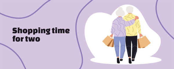 Shopping time for two. Elderly couple shopping together in supermarket. Senior man and woman buying groceries. Flat vector illustration