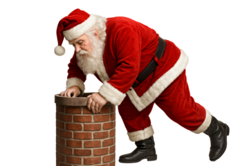 Santa climbs into the pipe on a transparent background. Christmas. New Year's Eve. Gifts