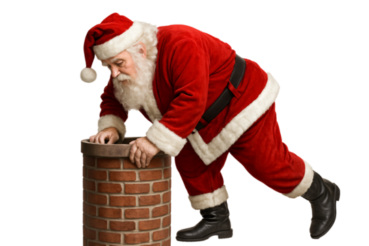 Santa climbs into the pipe on a transparent background. Christmas. New Year's Eve. Gifts