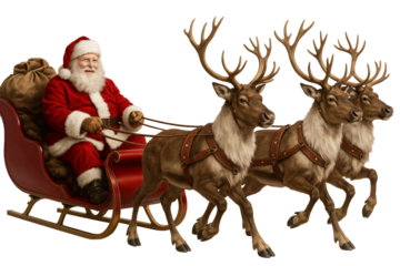 Flying reindeer in festive harness. Winter wonder and joy.