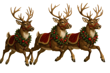 Reindeer in festive harnesses with red ribbons and bells. Holiday elegance.