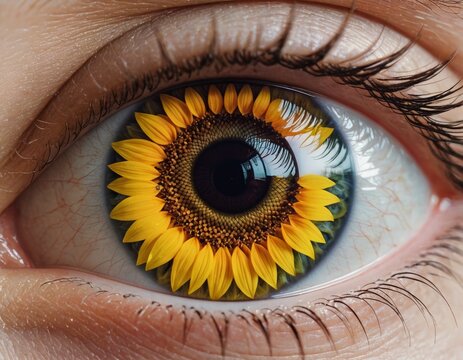 Embodying nature's beauty, an eye blooms with a vibrant sunflower pattern amidst intricate details, showcasing a fusion of human emotion and artistic rendition Generative AI
