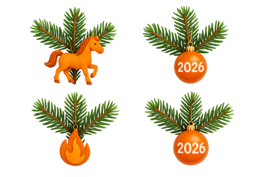 Orange baubles marked “2026” with pine branches and toy horse. New Year celebration decoration.
