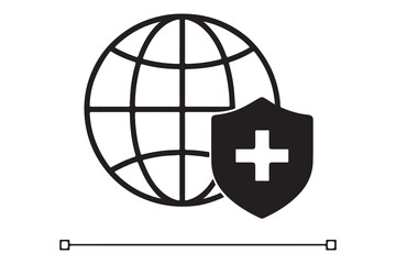 Global health security shield icon representing worldwide medical protection isolated on white background