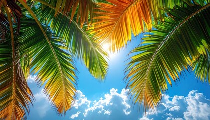 Vibrant Palm Fronds Against a Bright Blue Sky with Golden Sunrays and Wispy Clouds Below a Tropical Paradise