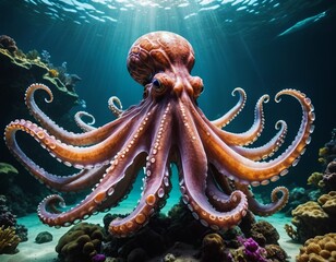 Underwater wonder of an octopus gracefully exploring the vibrant coral reef in a sunlit ocean paradise full of life and color Generative AI