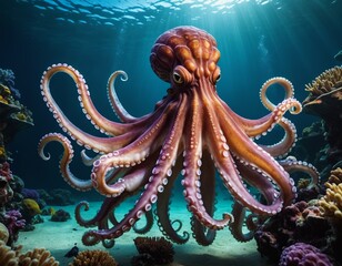 Vibrant octopus gracefully explores a coral reef shimmering in the sunlight, showcasing the beauty of marine life in a captivating underwater world Generative AI