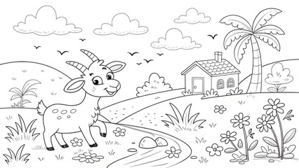 Fototapeta premium Goat Coloring Page for Kids with House, Palm Tree, Stream, and Flying Birds