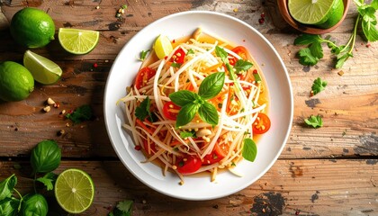 Vibrant Papaya Salad Served on a White Plate Garnished with Fresh Lime and Basil Leaves Overhead Shot