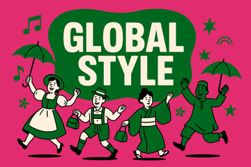 Naklejka premium Dancing Celebration Banner. GlobalStyle banner, flat vector illustration, bold oversized text inside rounded blob, cartoon characters dancing in traditional