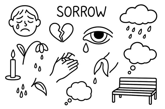 Sorrowful Doodle Icons. Sorrow. Hand-drawn doodle illustration sorrow crying face, teardrop, broken heart, rain cloud, wilted flower, sad eye, hand on chest,