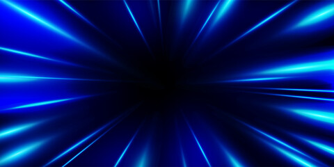 Warp tunnel blue light rays of speed motion directed towards the center, Futuristic neon stripes effect of dynamic acceleration of motion, Light illusion.