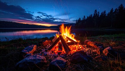 Warm Campfire Glow Illuminates Rocky Shoreline at Dusk with Rippling Water and Forest Silhouette Under Starry Sky