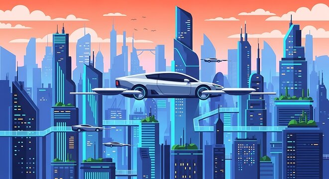 Futuristic City Flying Car Sunset. - Powered by Adobe