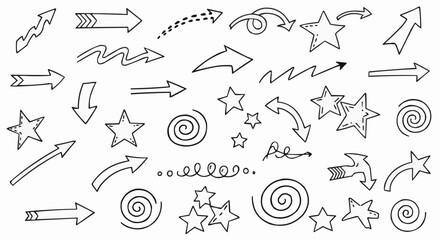 Collection of Hand Drawn Arrows and Stars Doodle Elements.