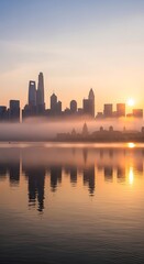 Cityscape sunrise with misty lake reflection.