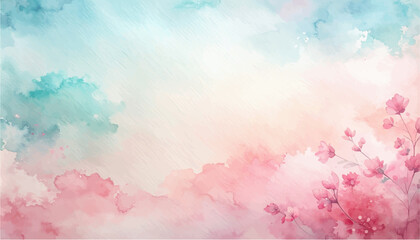 Soft watercolor background with blooming pink flowers and a gentle gradient of blue and pink clouds