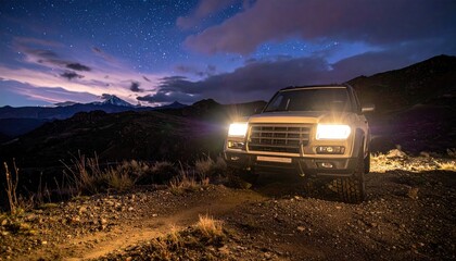 White SUV Vehicle Headlights Illuminated on a Dirt Road at Night Under a Starry Sky With Clouds and Distant Hills