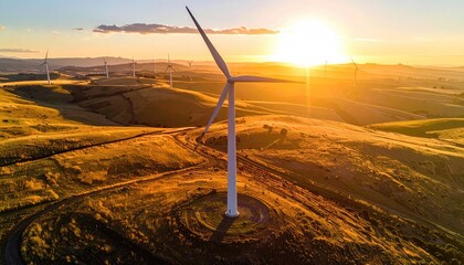 Wind Turbine Generating Electricity at Sunset in a Rural Landscape with Golden Hour Lighting