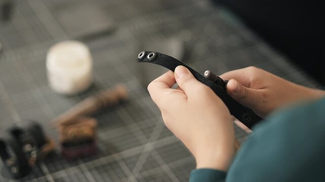 Craftswoman polishing edge of black leather strap in workshop