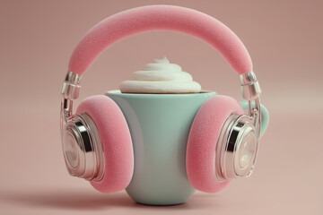 Coffee mug with whipped cream wearing headphones on pastel background