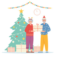 Senior couple of man and woman with gift boxes near Christmas tree. Happy family celebrating Christmas or New Year. Winter holidays concept. Flat vector illustration isolated on white background.