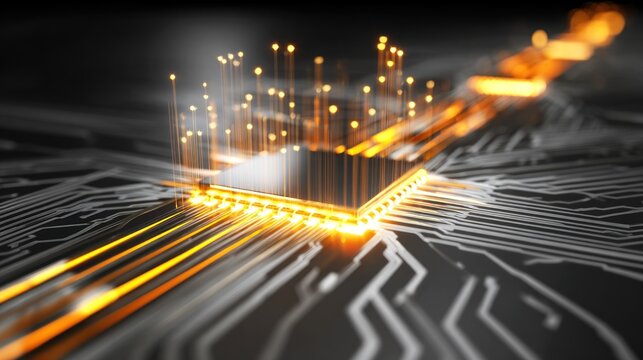 A computer chip with glowing orange lines on a black and white circuit board.