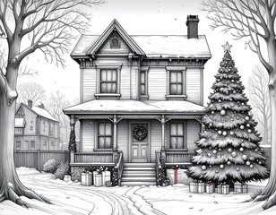 Black and white illustration of a festive house with Christmas decorations