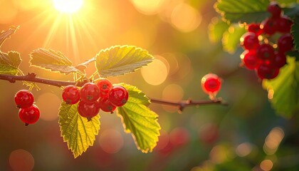 Sunlight filters through lush green leaves illuminating vibrant red berries on a delicate branch with a soft golden bokeh background creating a warm inviting atmosphere