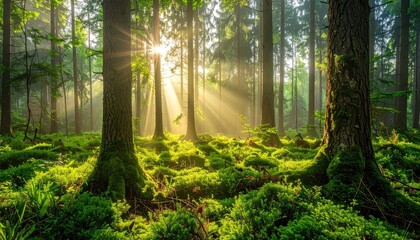 Sunlight filters through green mossy forest trees casting dramatic light beams on the forest floor creating an ethereal misty atmosphere