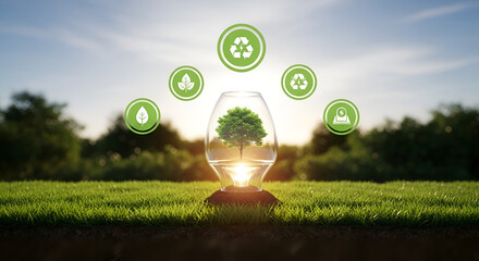 Sustainability concept with a tree in a lightbulb and environmental icons, ecological responsibility actions
