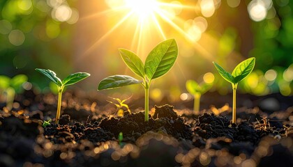 Sunlight Shining On Three Young Green Seedlings Growing From Dark Soil In A Garden With A Blurred Green Background