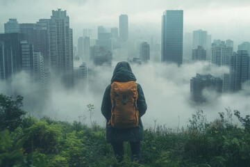 A hiker gazes at a fog-covered city skyline from a green hillside at dawn