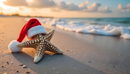 A starfish wearing a red christmas hat on the sand , with a sea and a cloudy sky in the background.