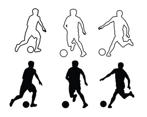 Set of  Soccer Football Player Outlines and Silhouettes Dribbling and Kicking the Ball