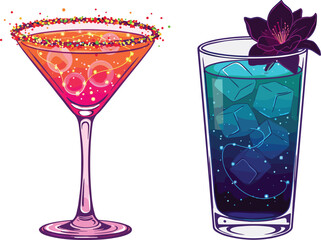 Vibrant Colorful Cocktail and Refreshing Icy Drink Illustration with Floral Garnish, Trendy Beverage Glasses for Summer Parties and Celebrations