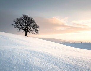 Minimalist winter landscape with lone tree on snow-covered hill under moody sky