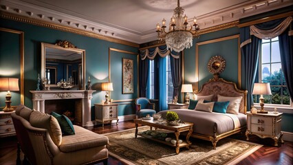Opulent master bedroom suite exudes luxury with plush furnishings, ornate gold accents, and a crystal chandelier creating an atmosphere of refined elegance.