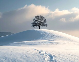 Minimalist winter landscape with lone tree on snow-covered hill under moody sky