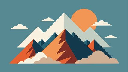 Geometric mountain landscape with sun and clouds in a retro style