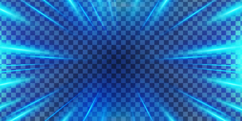 Warp tunnel blue light rays of speed motion directed towards the center, Futuristic neon stripes effect of dynamic acceleration of motion, Light illusion.